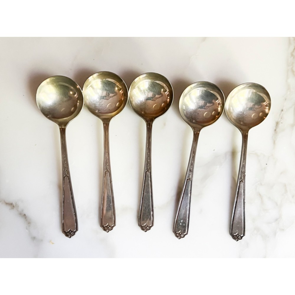 A set of 5 - Vintage Nickel Silver soup spoons